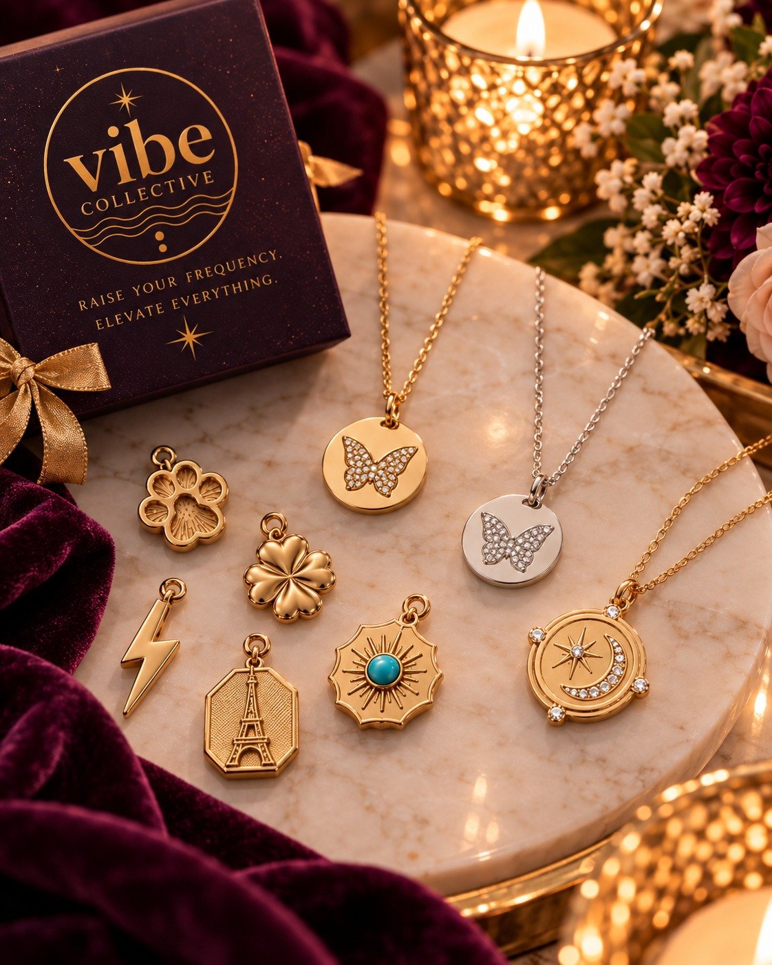 Close-up of curated Vibe Collective charms and necklaces