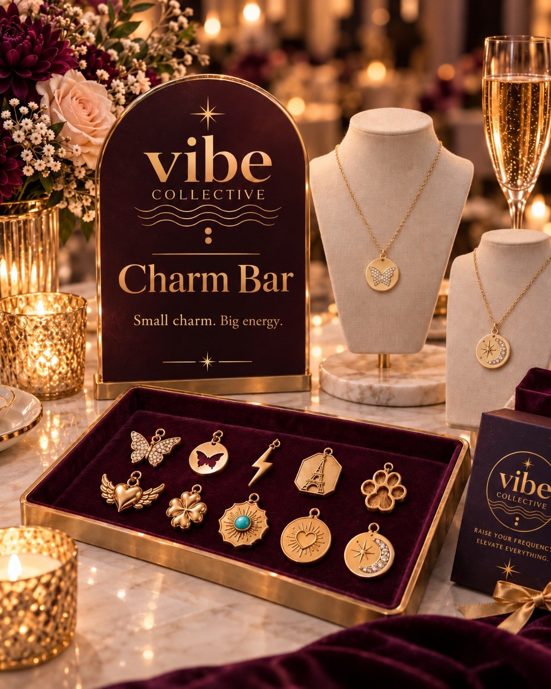 Elegant Vibe Collective Charm Bar display at a special event